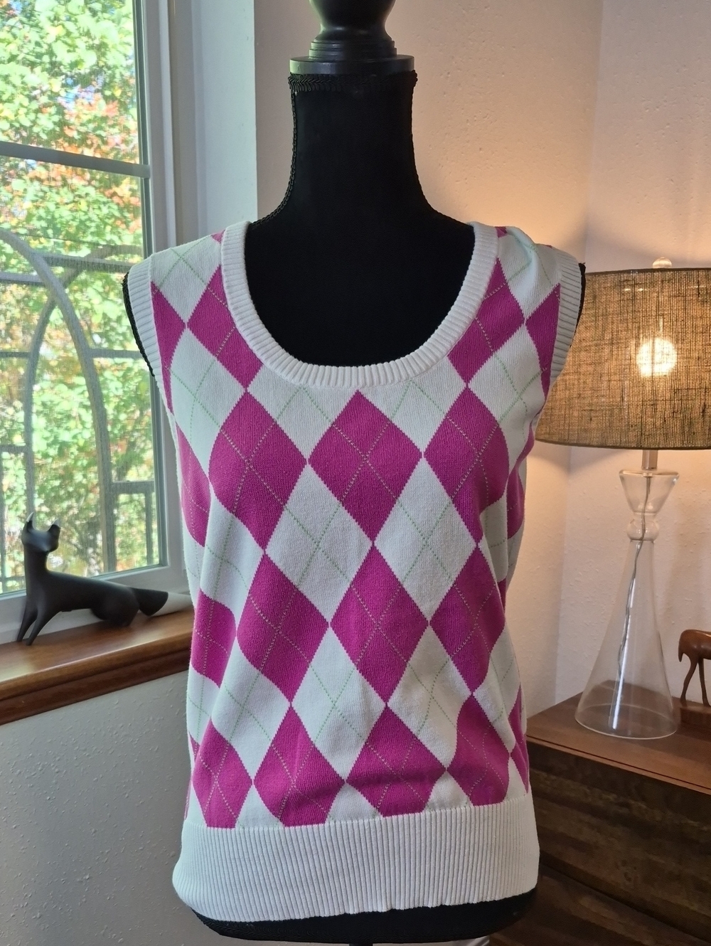 LADY HAGEN Argyle Golf Sweater Vest Pink White Medium